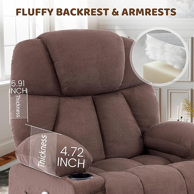 Massage Rocker Recliner Chair Ergonomic Rocking Recliner Sofa with Vibration Massage &amp Heat Reclining Fabric Nursery Chair for Living Room Lounge with 4 Pockets 2 Cup Holders Brown