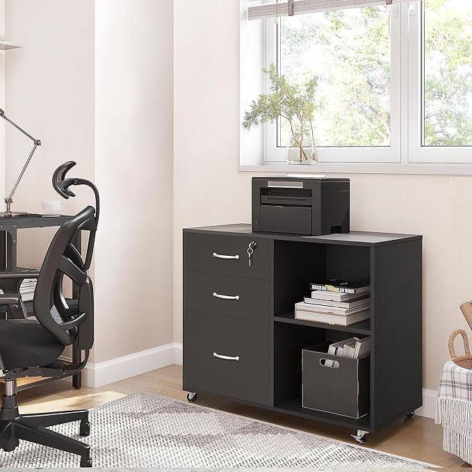 Topeakmart Black File Cabinet with Lock for Letter A4 Size 3 Drawer Lateral Filing Cabinet Printer Stand with Open Storage Compartments for Home Office Black