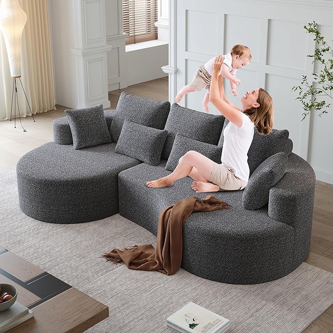 105 Boneless Chenille Upholstered Oversized Sofa Sectional 4-Seater 29.8 Deep Seat Curved Cloud Couch with 7 Pillows Free Combination Sofa Couch for Living Room (Grey 105 Left Lounge)