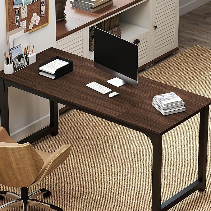 NSdirect Large Office Desk for Home Office Large 63” Computer Desk Table Wide Writing Study Desk for 2 Person Metal Sturdy Frame Thicker Steel Legs Black Chocolate