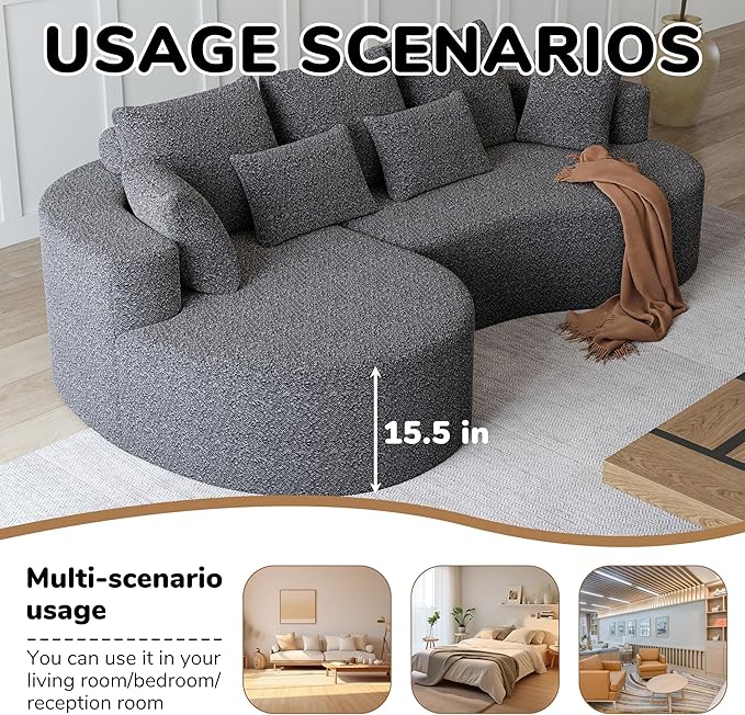 105 Boneless Chenille Upholstered Oversized Sofa Sectional 4-Seater 29.8 Deep Seat Curved Cloud Couch with 7 Pillows Free Combination Sofa Couch for Living Room (Grey 105 Left Lounge)