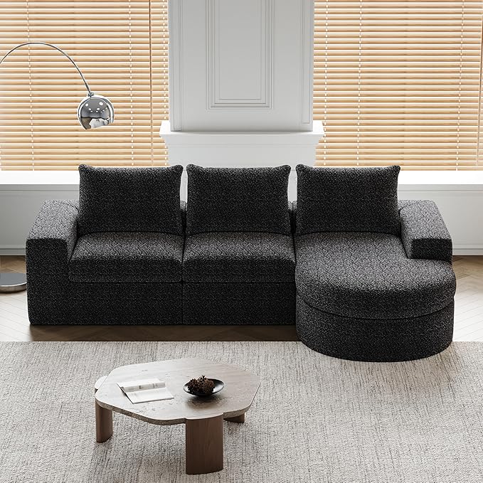 roomfitters 99 Modern Chenille Cloud Curved Sectional Sofa with Chaise L-Shaped Couch for Living Room or Apartment Black