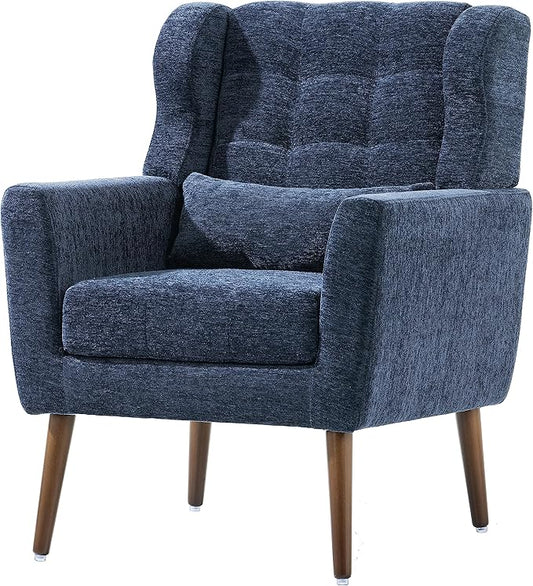 Modern Accent Chair Upholstered Foam Filled Living Room Chairs Comfy Reading Chair Mid Century Modern Chair with Chenille Fabric Lounge Arm Chairs Armchair for Living Room Bedroom (Dark Blue)
