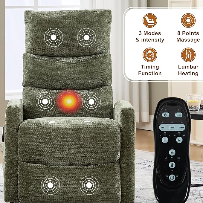 Manual Swivel Rocker Recliner Chair with Vibration Massage Overstuffed Glider Chair with Lumbar Heat for Nursery Living Room Reclining Sofa Chair Chenille Fabric Green
