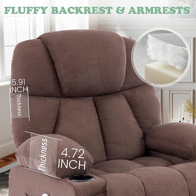 Manual Recliner Chair Rocker Recliner with Vibration Massage &amp Heat Ergonomic Reclining Fabric Living Room Chairs for Bedroom Nursery Single Sofa with 4 Pockets 2 Cup Holders Brown