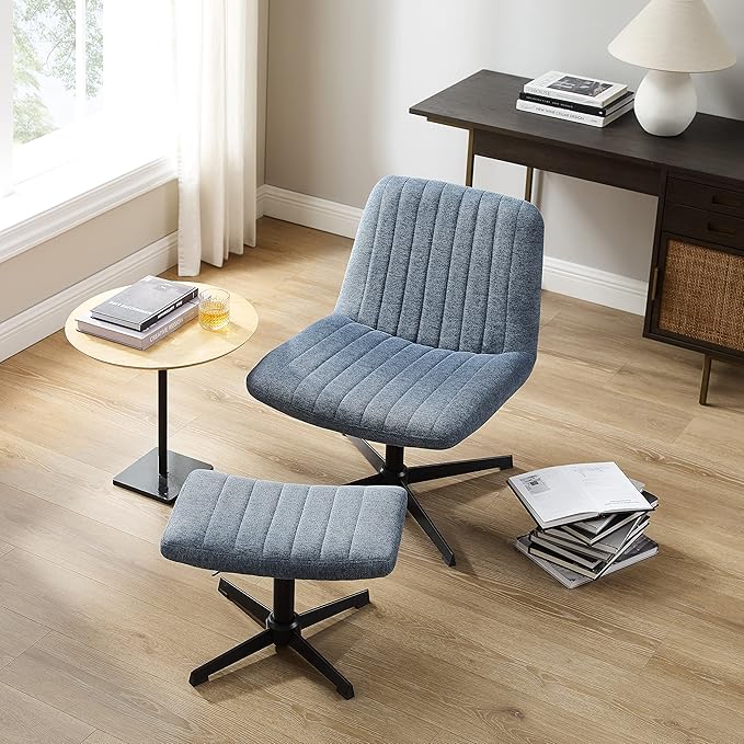 Art Leon Desk Chair No Wheels - with Ottoman and Lumbar Pillow Armless Office Chair No Wheels Criss Cross Chair Modern Swivel Height Adjustable Wide Seat Computer Task Vanity Chair Indigo Linen