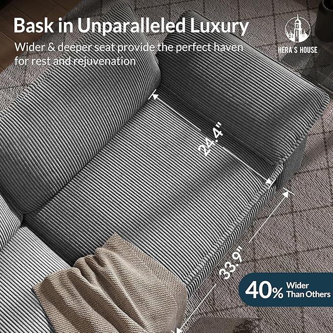 HERA'S HOUSE 158 Modular Sectional Sofa Oversized L Shaped Couches for Living Room Comfy Cloud Couch with Ottoman 5-Seater Deep Seat Sofa with Throw Pillow Corduroy Grey