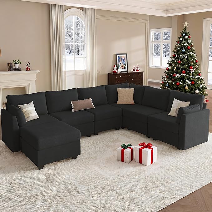 Modular Sectional Sofa Couches Large Convertible Modular Couches with Storage 7-Seater Sectional Sofa for Living Room U Shaped Sectional Couch Sleeper Sofa with Chaise (Black 7 Seats)