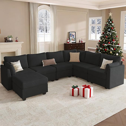Modular Sectional Sofa Couches Large Convertible Modular Couches with Storage 7-Seater Sectional Sofa for Living Room U Shaped Sectional Couch Sleeper Sofa with Chaise (Black 7 Seats)