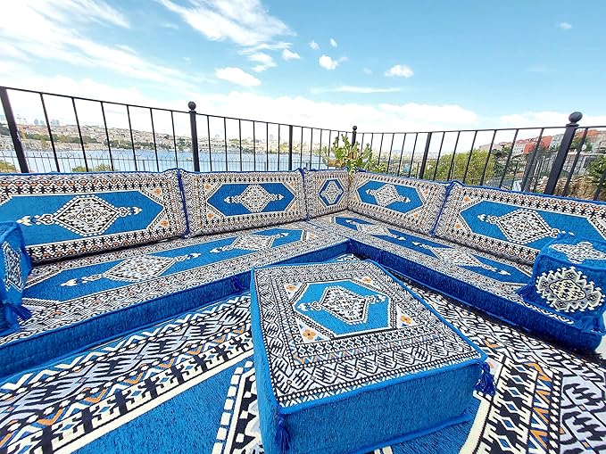 arabicsofa U Shaped Arabic Sofa Set – Royal Blue Modular Floor Seating for Guest Room