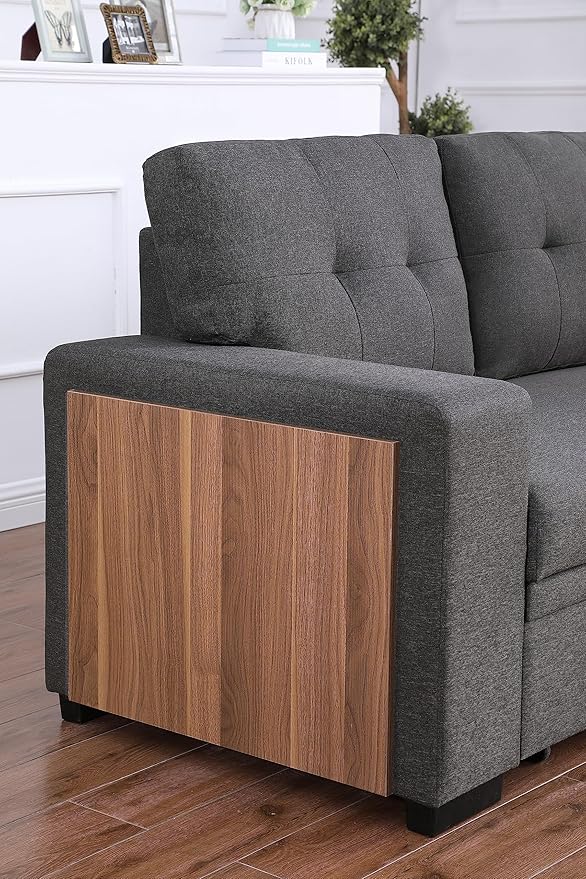 92 3-Piece Upholstered Sectional Sofa with Storage Chaise and Removable Back CushionsPull-Out Loveseat Couch W/A Side Open Cup Holder &amp Black Legfor DormApartmentStudioOfficeDark Gray