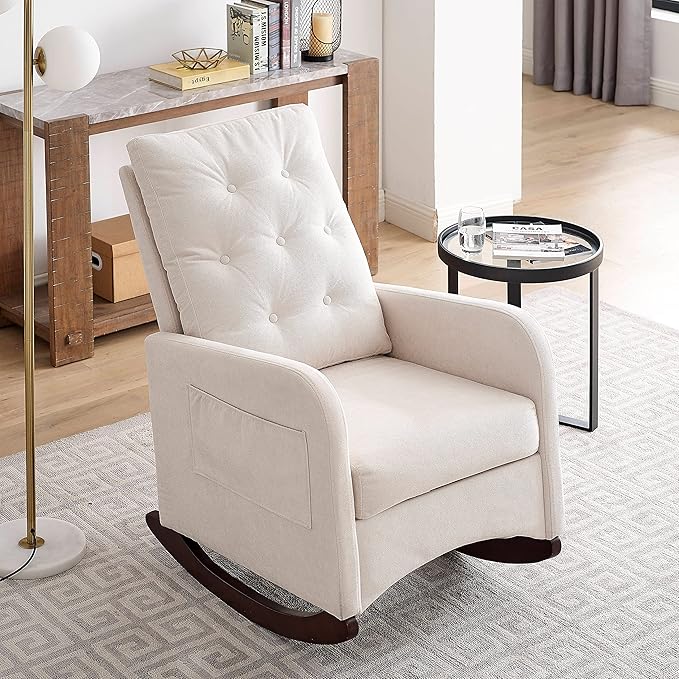 25.6 W Modern Accent High Backrest Living Room Lounge Arm Rocking Chair Two Side Pocket