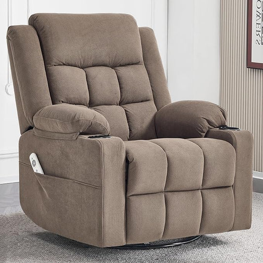 Swivel Rocker Recliner Chair for Adults with Massage and Heat Cup Holders and Side Pockets Glider Rocking Reclining Single Sofa Chair for Living Room (Coffee)