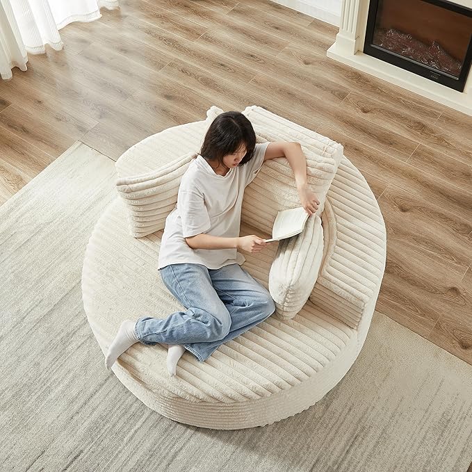 55 White Oversized Round Boneless Couch Sofa Corduroy Memory Foam Cloud Couches Lounge Chair Comfy Fluffy Single Sofa with 3 Pillows for Living Room Bedroom No Assembly Required (White)