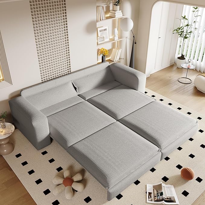 KEIKI 93 King Size Sleeper Sofa Bed 3 in 1 Convertible Sleeper Sofa Pull Out Sofa Bed 3 Seat Teddy Couch with 2 Lumbar Pillows for Living Room Apartment Office Studies Light Grey