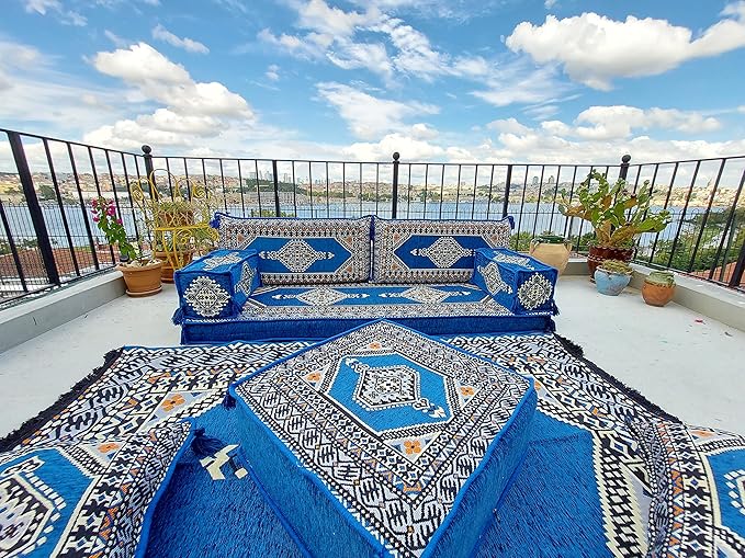 arabicsofa U Shaped Arabic Sofa Set – Royal Blue Modular Floor Seating for Guest Room