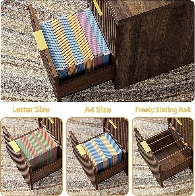 TIQLAB 55 One-Whole Piece Modern Executive Desk with Drawers Home Office Desk with File Cabinet for Letter&ampA4 Size Computer Writing Desk for Study Living Room Bedroom Black Walnut