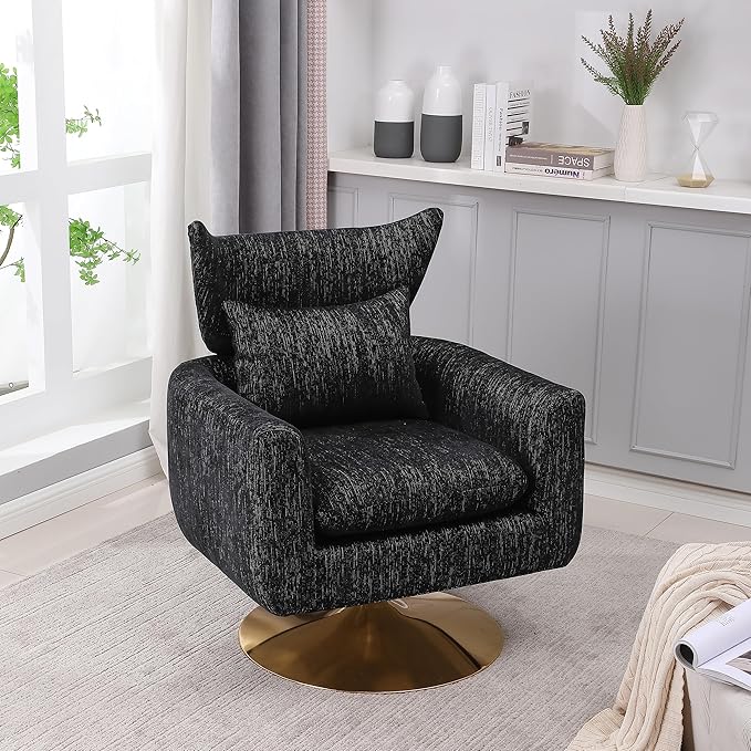 JOSHEN 360 Swivel Accent Chair IndoorModern Linen ArmchairComfortable Upholstered Lounge Chair with Metal Base for Living RoomApartmentOfficeBlack