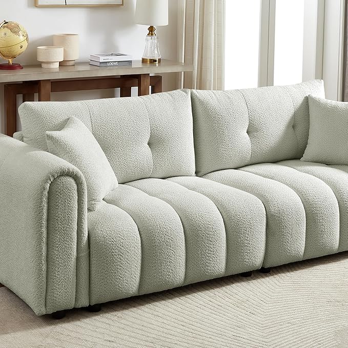 91.5 W Cloud Boucle Sofa for Living Room Modern Comfy Boucle Couch with Rolled Arms and Soft Pillows Cozy Teddy Oversized Loveseat for Apartment Studio Bedroom Sage Green