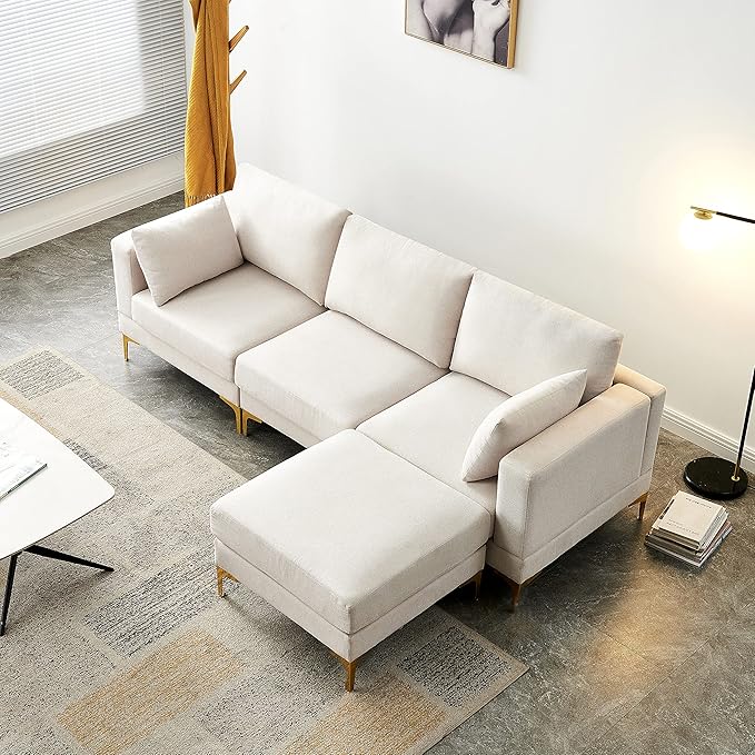 kevinplus 93'' Sectional Sofa Couch for Living Room with Convertible Chaise Ottoman Modern 3-Seat L-Shape Sofa Couch with Golden Metal Legs for Bedroom Home Office Apartment Small Space Beige