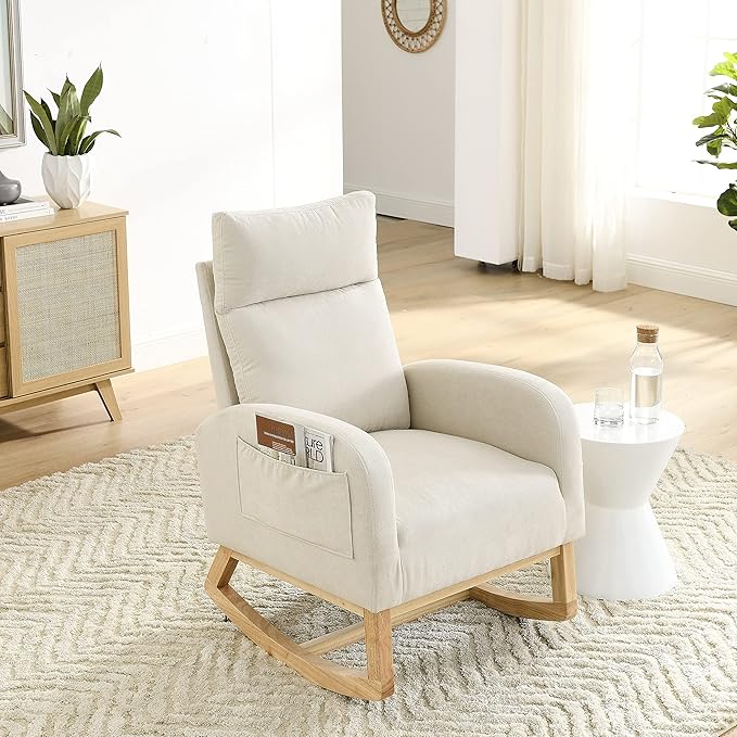 27.6 W Modern Accent High Backrest Living Room Lounge Arm Rocking Chair Two Side Pocket