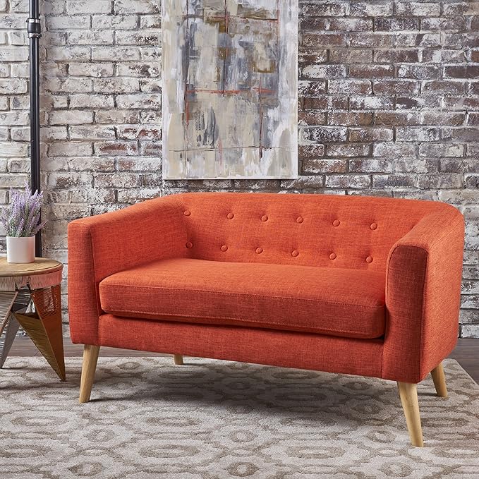 GDFStudio Button Back Mid Century Fabric Modern Loveseat (Muted Orange)