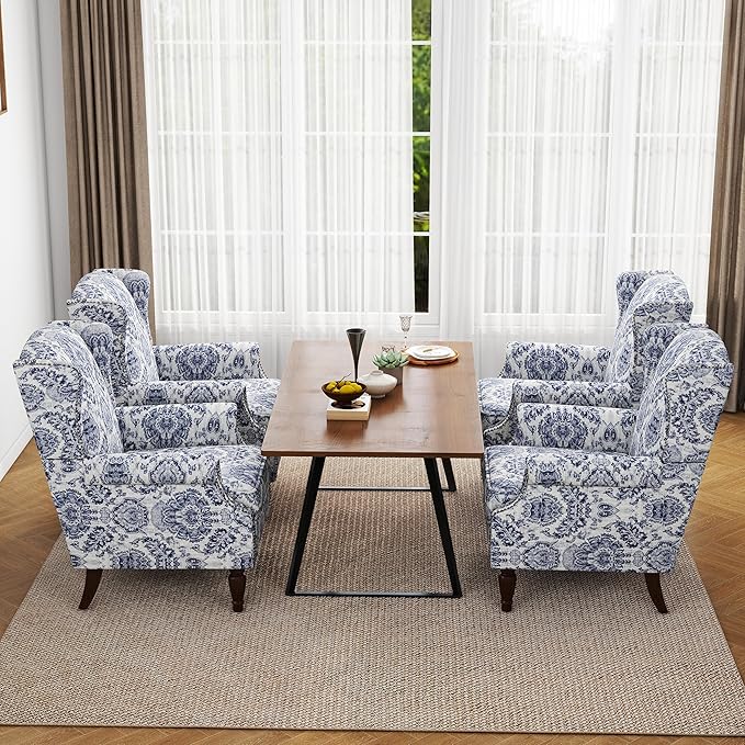 Floral High Back Accent Chair Upholstered Armchair with Solid Wood Legs Comfy Wingback Reading Single Sofa Chair for Small Spaces Living Room Bedroom(Floral Navy Blue Set of 2)