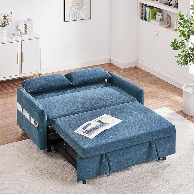55.1 Pull Out Sofa Bed 2 Seater Loveseats Sofa Couch with Adjustable Backrest Storage Pockets 2 Soft Pillows Convertible Sleeper Sofa Bed for Living Room Bedroom Apartment Office (Blue 091)