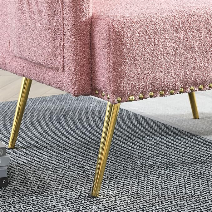 30 W Modern Chesterfield Tufted Upholstered Chair with Deep Buttons Living Room Chair Comfortable Armchair Gold Hardware Legs Tufted Chair for Reading or Relaxing Pink Teddy