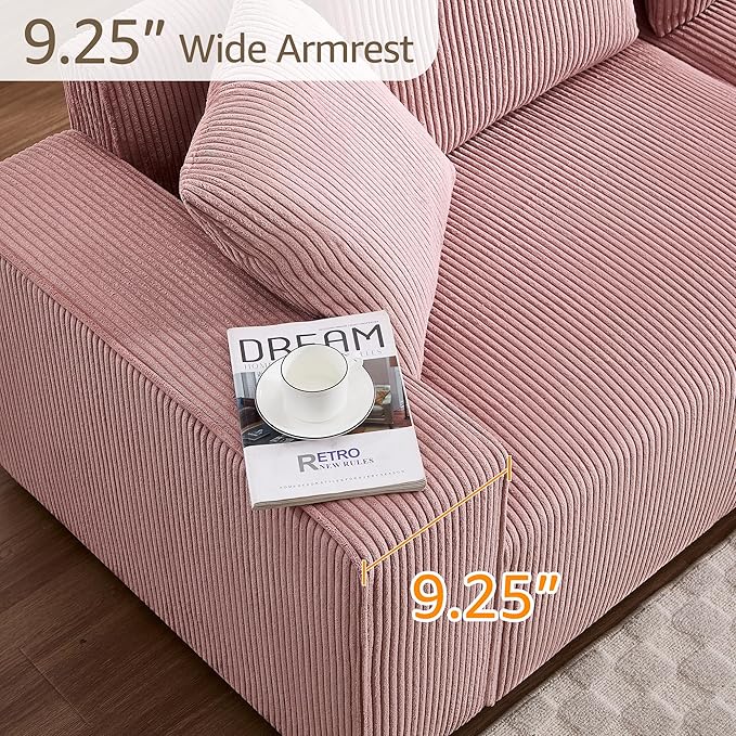 Modern Corduroy Sofa 88.5 inch Wide Living Room Couch with Wide Arms 3-Seater Living Room Couch with Throw Pillows Pink