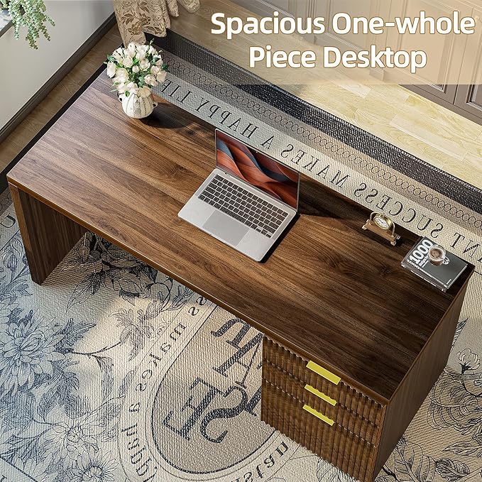 TIQLAB 55 One-Whole Piece Modern Executive Desk with Drawers Home Office Desk with File Cabinet for Letter&ampA4 Size Computer Writing Desk for Study Living Room Bedroom Black Walnut