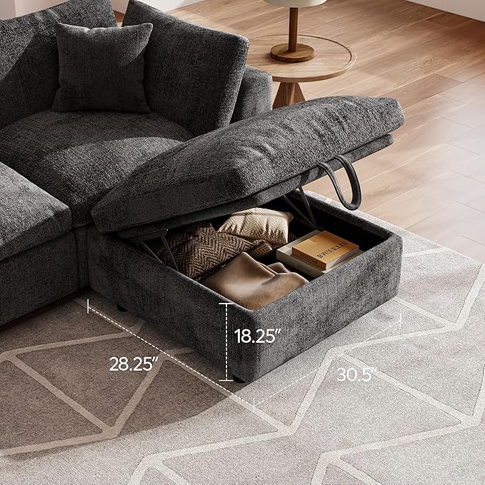 Cloud Modular Sectional Sofa L-Shaped 3-Seat Deep Seat with Storage Ottoman Solid Wood Frame Wide Armrests USB/Type-C &amp Cup Holders Modern Chenille Couch for Living RoomDark Gray