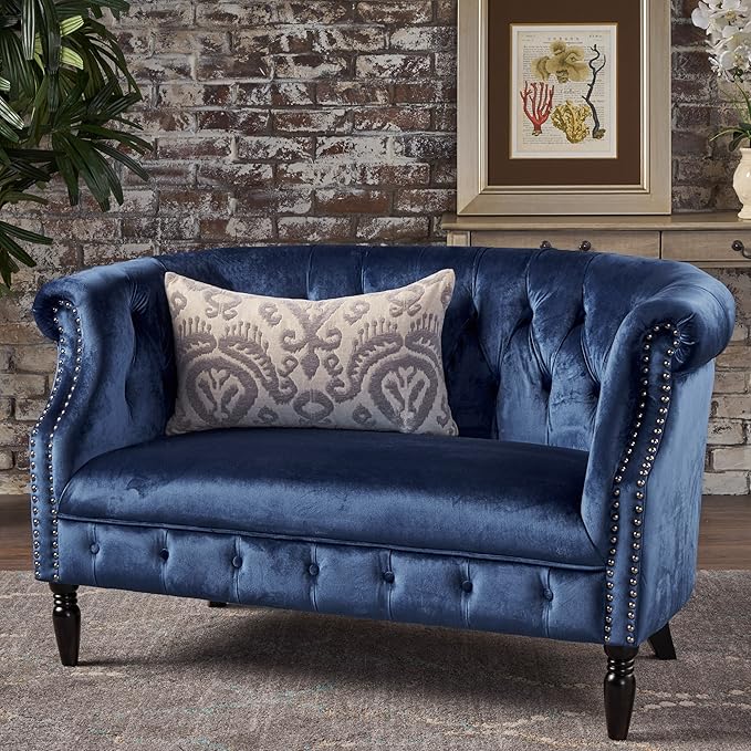 Christopher Knight Home Milani Tufted Scroll Arm Velvet Loveseat Navy Blue / Dark Brown