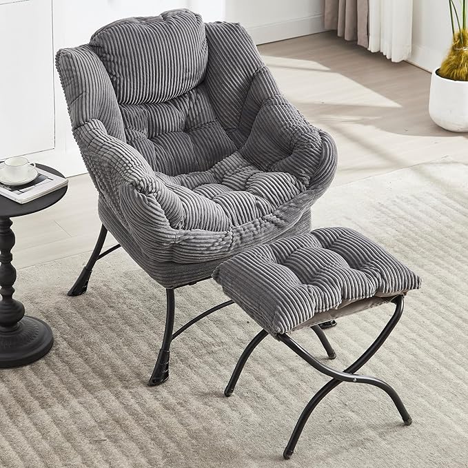 QQU Lazy Chair with Ottoman Corduroy Lounge Armchair Reading Chair with Footrest for Living Room Balcony Study (Grey)