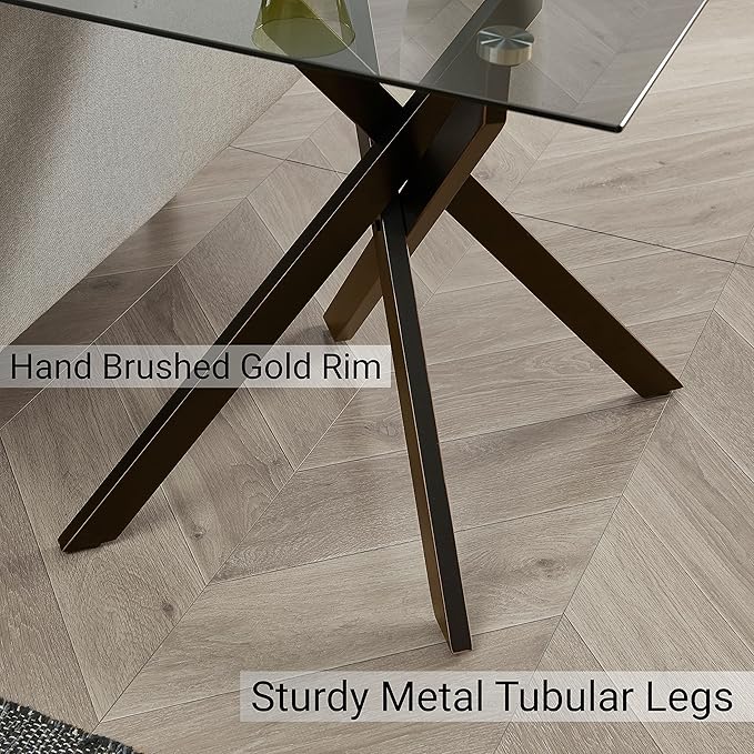 Edwin's Choice Black Square Glass Side &amp End Table with Grey Tempered Glass Top and Black Metal Tubular Legs with Gold Rim 20”Dx20”Wx22”H