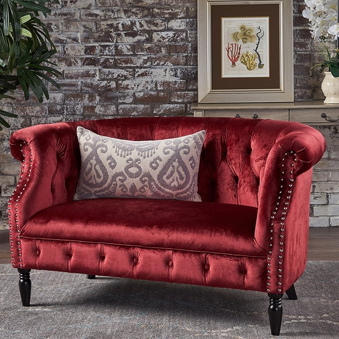 GDFStudio Melaina Tufted Chesterfield Velvet Loveseat with Scrolled Arms Garnet and Dark Brown