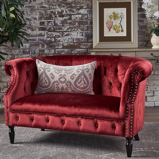 GDFStudio Melaina Tufted Chesterfield Velvet Loveseat with Scrolled Arms Garnet and Dark Brown