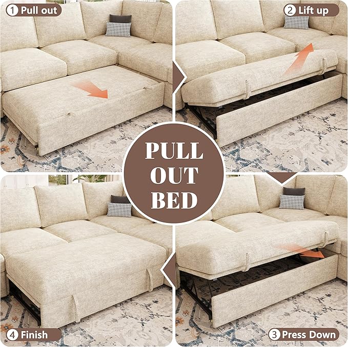 85 Inch Modular Sectional Sofa with Pull Out Bed L Shaped 5 Seat Sectional Sleeper Sofa with Storage Sectional Couches for Living Room Cloud Modular Couch Removable Sofa Cover Beige