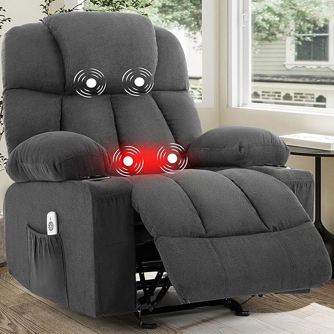 Massage Rocker Recliner Chair Ergonomic Rocking Recliner Sofa with Vibration Massage &amp Heat Reclining Fabric Nursery Chair for Living Room Lounge with 4 Pockets 2 Cup Holders Black