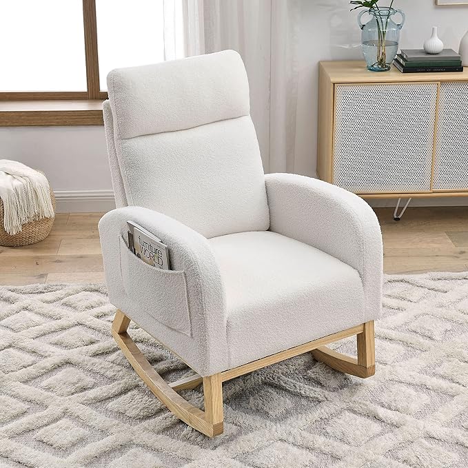 Welike Teddy Fleece Rocking Chair with Pockets 300 Lbs Capacity Modern Accent Living Room Lounge Armchair