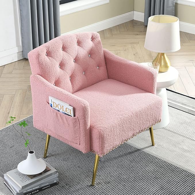 30 W Modern Chesterfield Tufted Upholstered Chair with Deep Buttons Living Room Chair Comfortable Armchair Gold Hardware Legs Tufted Chair for Reading or Relaxing Pink Teddy