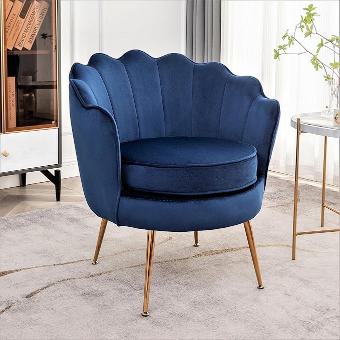 Velvet Barrel Accent Chair with Scalloped Silhouette and Gold Metal Legs Decorative Piece Suitable for Traditional Modern and Contemporary Spaces Navy Blue