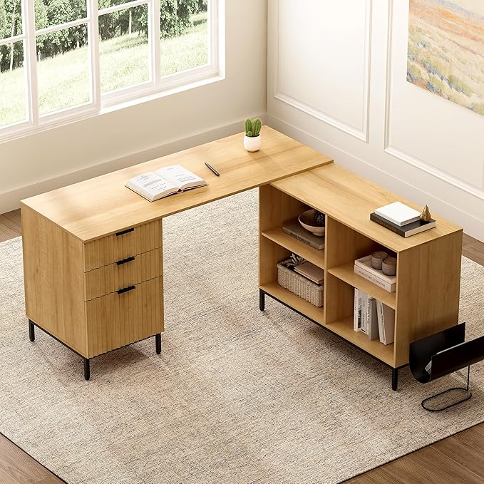 60 L Shaped Fluted Desk Computer Desk with Movable Storage Cabinet Home Office Desk with 3 Drawers Metal Legs Corner Desk for Gaming Study Natural Oak