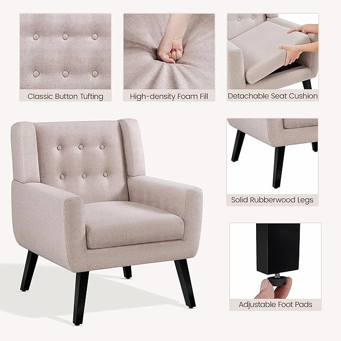 Yaheetech Accent Chair Modern Button Tufted Armchair Linen Fabric Sofa Chairs for Living Room Bedroom Mid-Century Comfy Reading Chair Beige