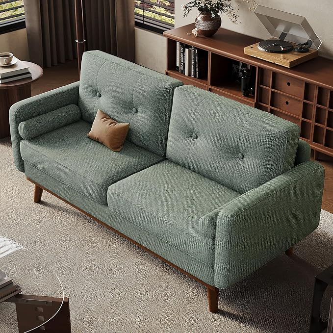 GarveeHome 65 in Loveseat Sofa Mid Century Modern Couch Comfy Love Seat Couches for Living Room 2 Seater Deep Seat Sofa Upholstered Couches for Bedroom Office Small Space Linen Green