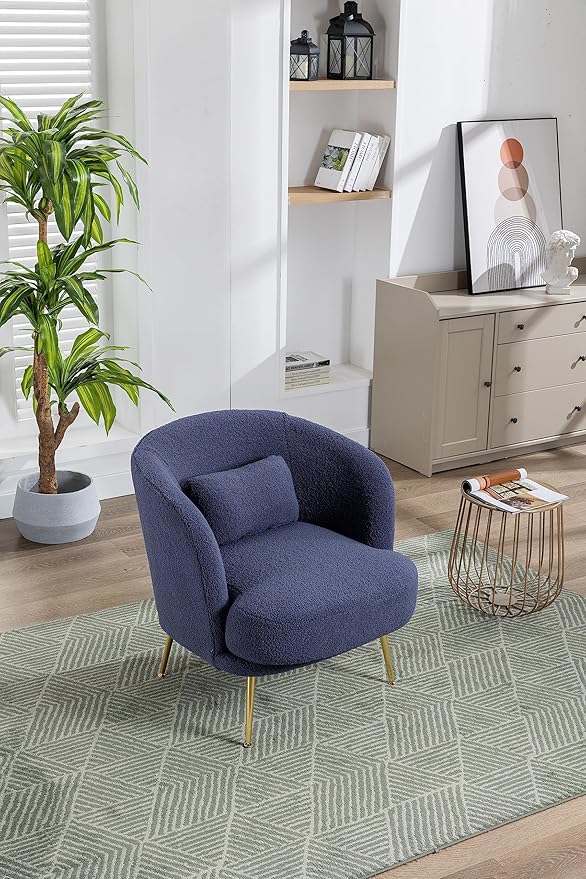 Generic 30.32 W Accent Chair Upholstered Curved Backrest Reading Chair Single Sofa Leisure Club Chair with Golden Adjustable Legs for Living Room Bedroom Dorm RoomNavy Boucle
