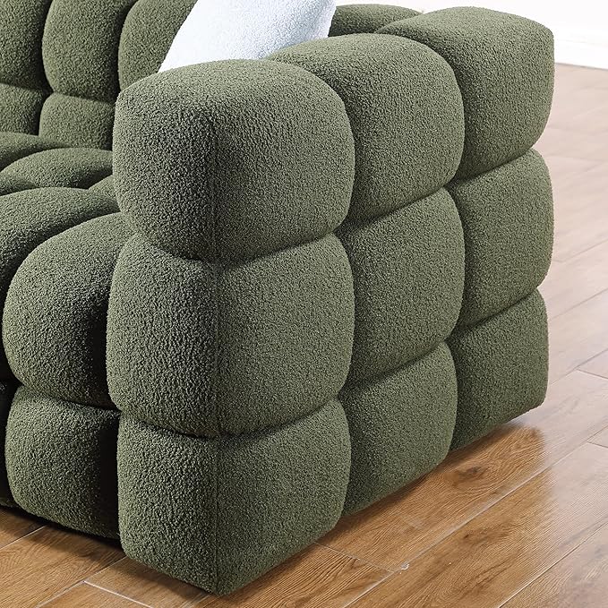 Comfy Marshmallow Loveseat Sofa3 Seater Boucle Cloud Couch with 2 Pillows Upholstered Love Seat with Throw Pillows Modern Living Sofa or Office Waiting Room (Olive Green Boucle)