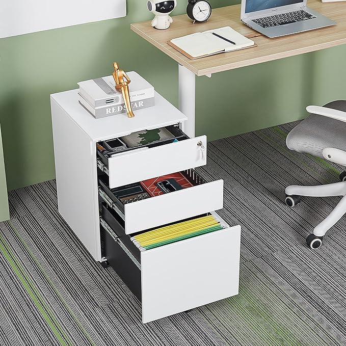 Generic 3 Drawer Mobile File Cabinet with Lock Steel File Cabinet for LegalLetterA4F4 Size Fully Assembled Include Wheels Home Office Design White