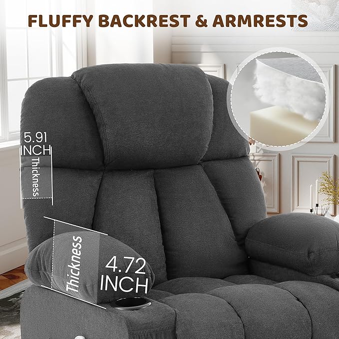 Massage Rocker Recliner Chair Ergonomic Rocking Recliner Sofa with Vibration Massage &amp Heat Reclining Fabric Nursery Chair for Living Room Lounge with 4 Pockets 2 Cup Holders Black