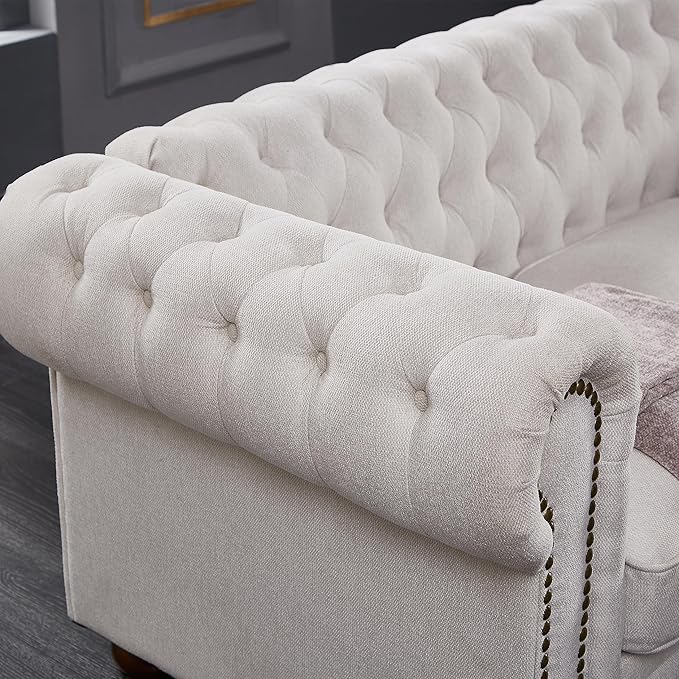 ERYE 88-Inch Classic 3 Seat Chesterfield Sofa Couches for Living Room Bedroom Classic Button Tufted Linen Fabric Upholstered Chesterfield Sofa CouchWood Legs
